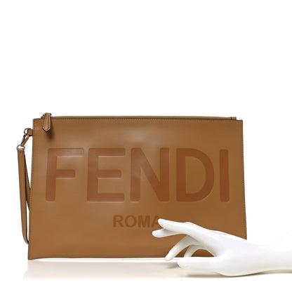 Fendi Vitello King Logo Embossed Large Flat Pouch Miele Scuro