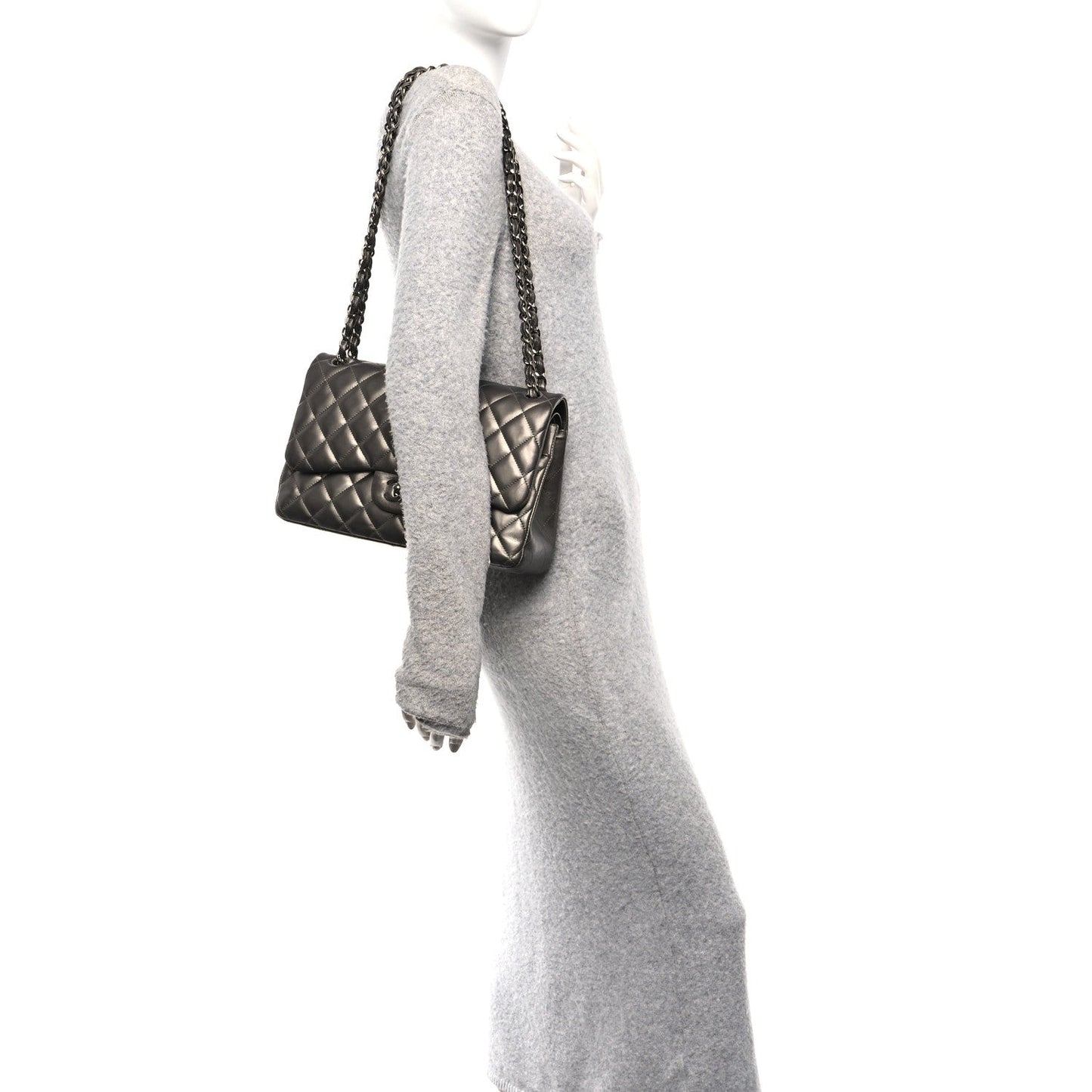 Chanel Metallic Lambskin Quilted Jumbo Double Flap Pewter