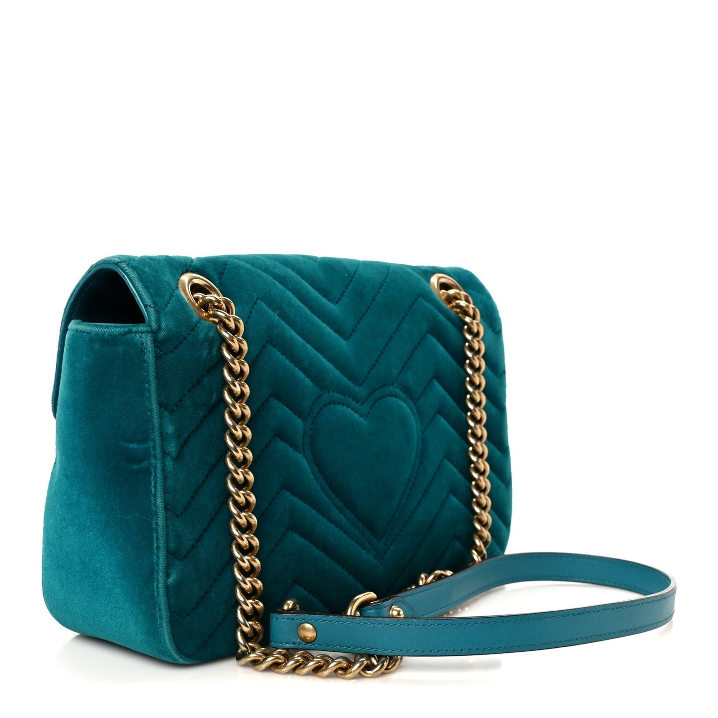 Gucci Velvet Matelasse Small GG Marmont Shoulder Bag Pavone Cyan