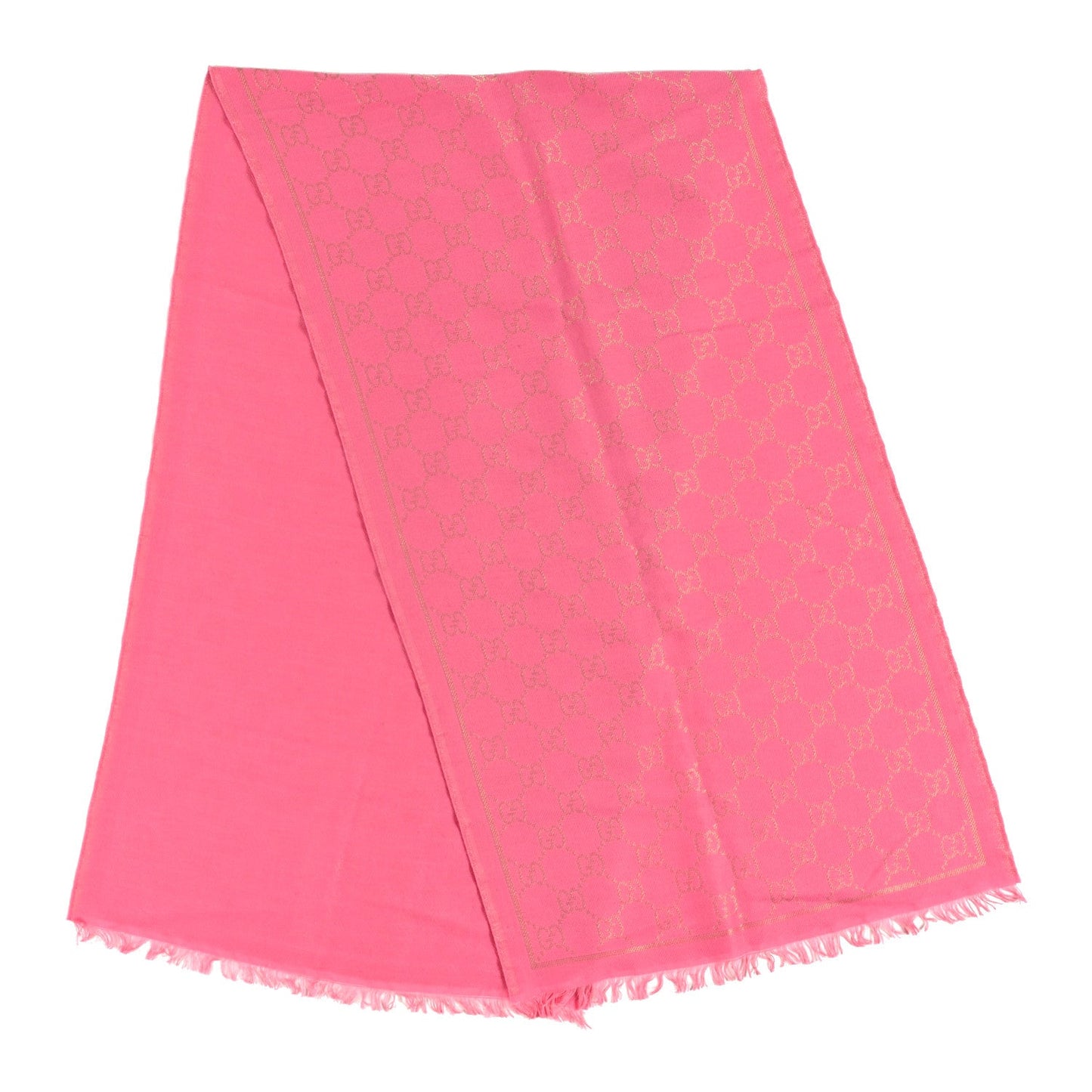 Gucci Wool Silk Lurex GG Monogram Bright G Fringe Scarf Fuxia