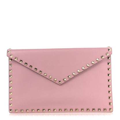 Valentino Garavani Pebbled Calfskin Large Rockstud Envelope Clutch Water Rose