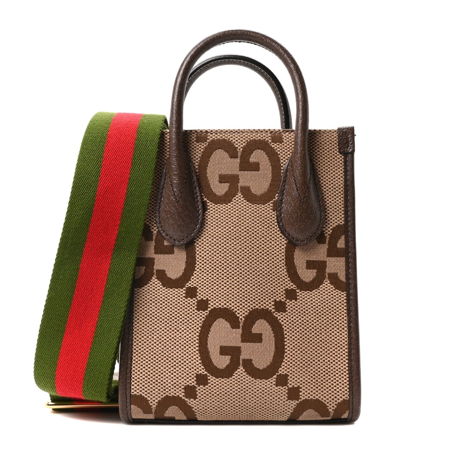 Gucci Monogram Jumbo GG Textured Dollar Calfskin Web Mini Vertical Tote Camel Ebony New Acero
