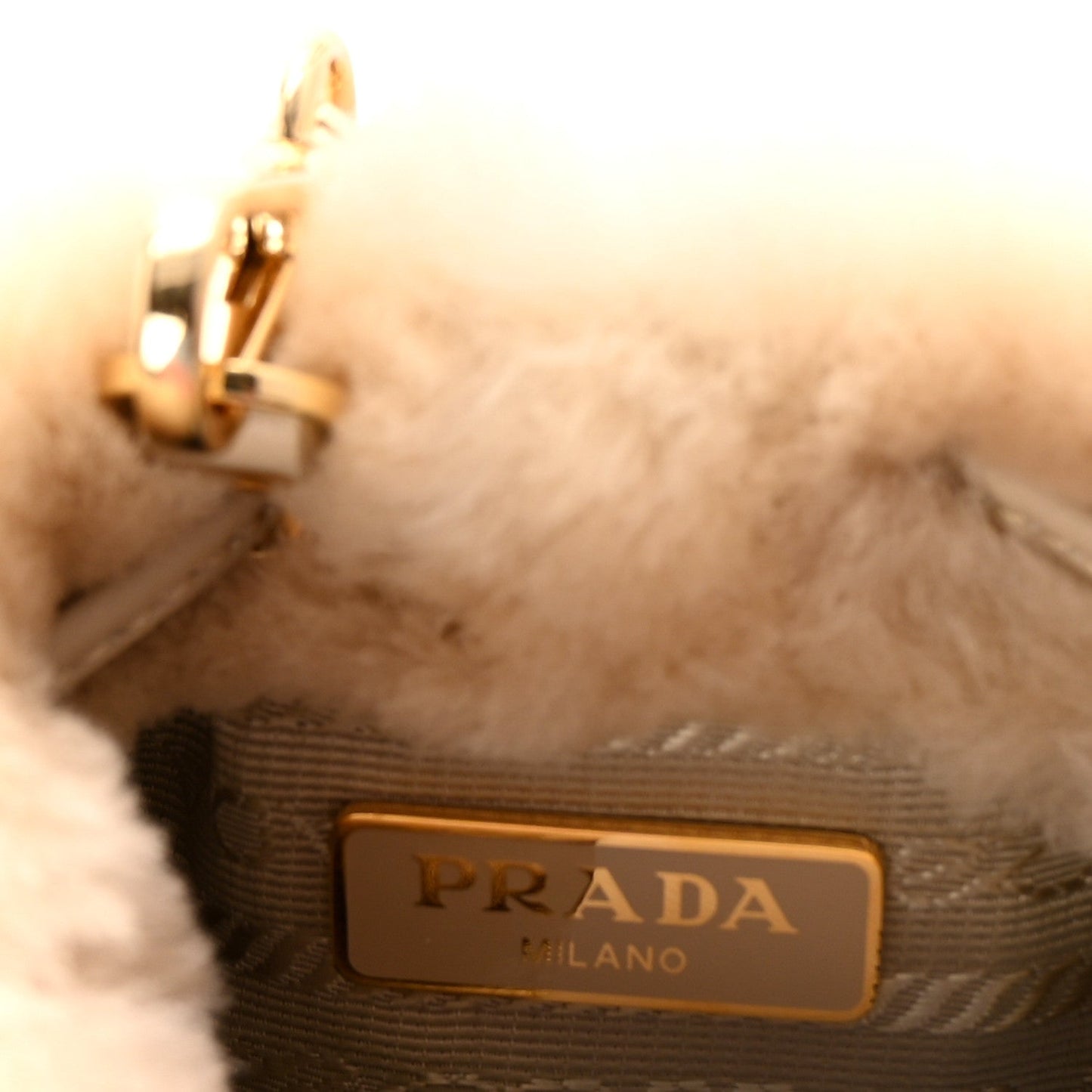 Prada Shearling Metal Triangle Logo Mini Drawcord Pouch Shoulder Bag Ecru