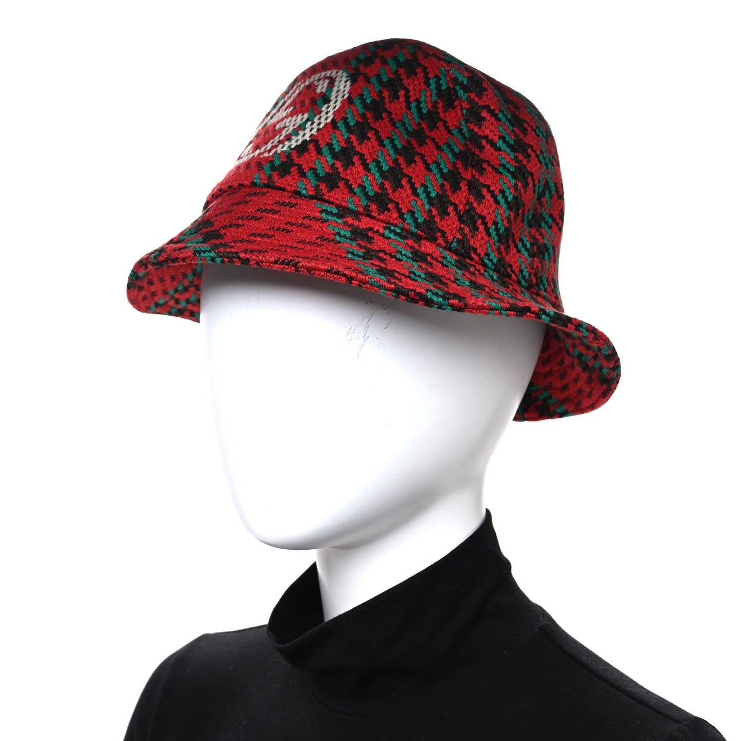 Gucci Tweed Wool Houndstooth Interlocking G Bucket Hat M Red Green