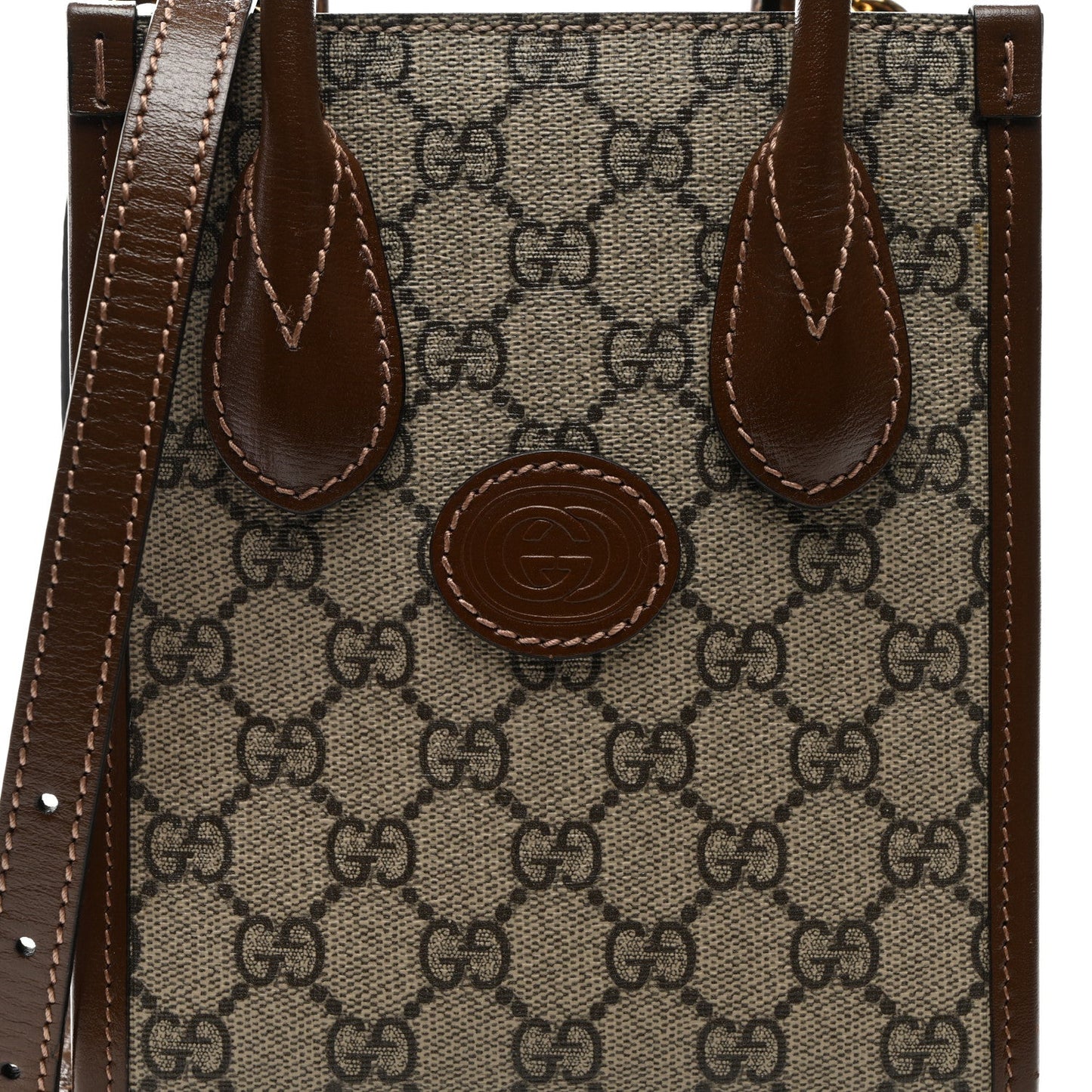 Gucci GG Supreme Monogram Azalea Calfskin Mini Retro Interlocking G Tote Bag Beige Ebony Brown Sugar