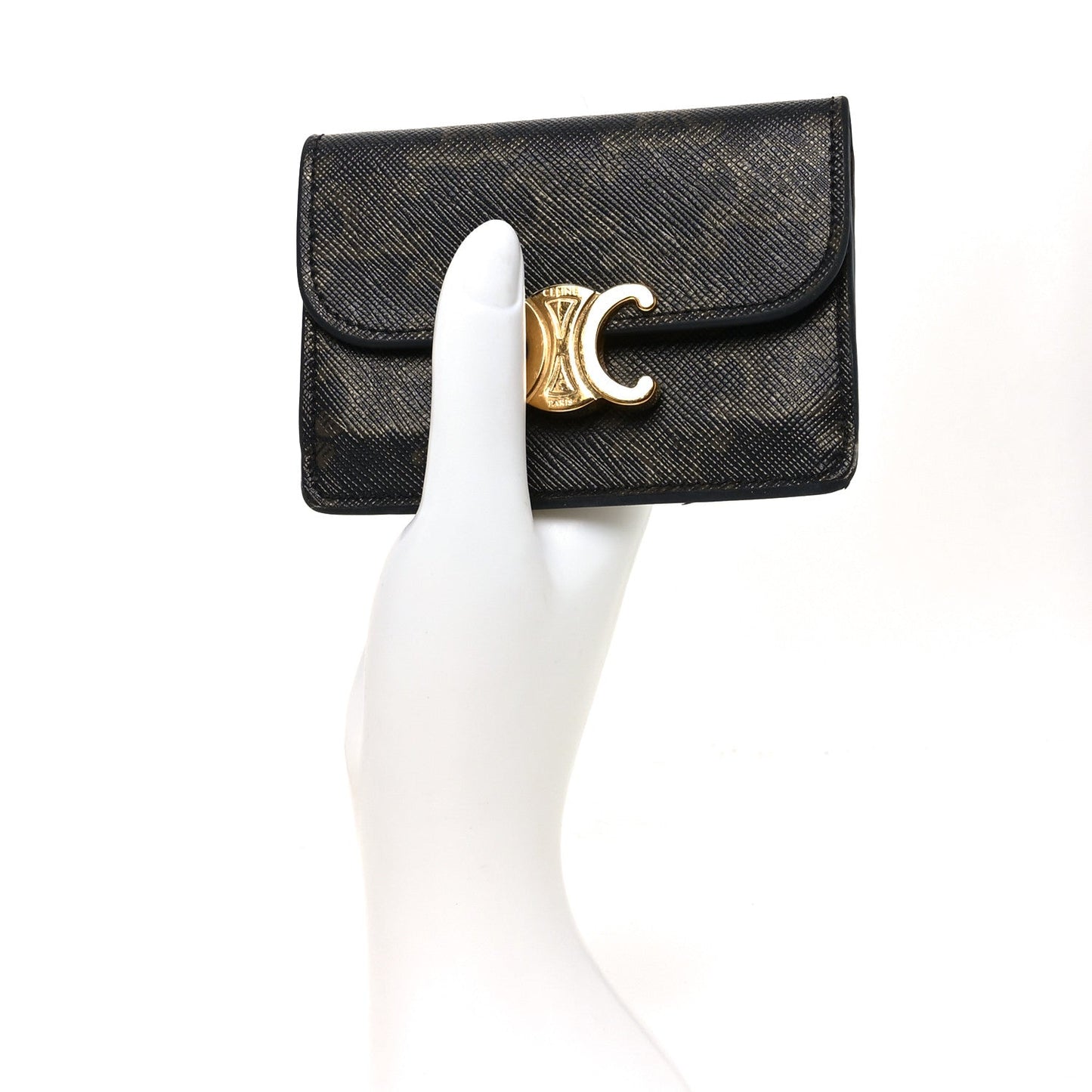 Celine Triomphe Canvas Calfskin Flap Card Holder Tan