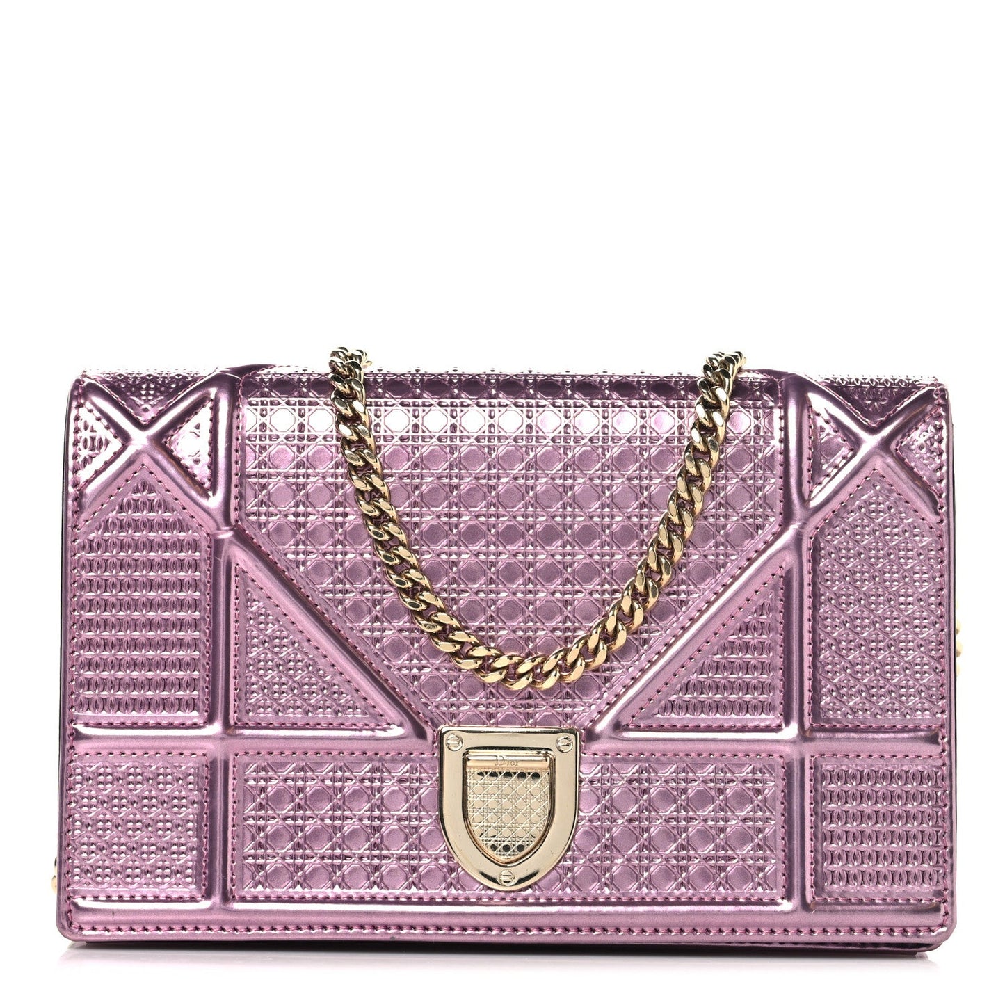 Christian Dior Metallic Patent Micro-Cannage Diorama Wallet on Chain Pouch Pink