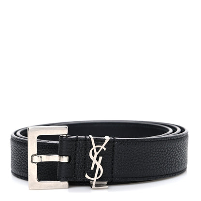 Saint Laurent Grained Calfskin Monogram Cassandre Square Buckle Belt  90 36 Black
