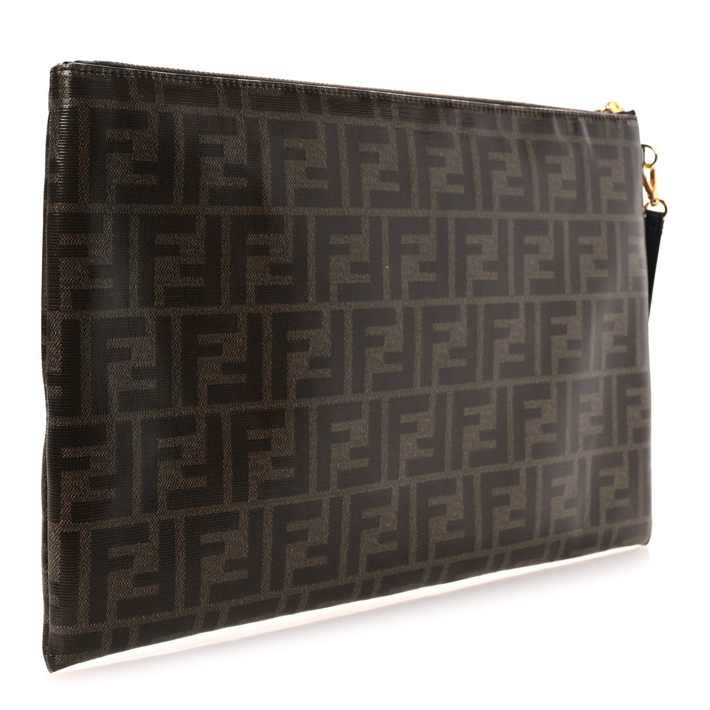 Fendi Glazed Fabric Vitello Century FF 1974 Stamp Patch Large Flat Pouch Mogano Panna Black