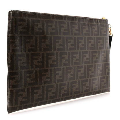 Fendi Glazed Fabric Vitello Century FF 1974 Stamp Patch Large Flat Pouch Mogano Panna Black
