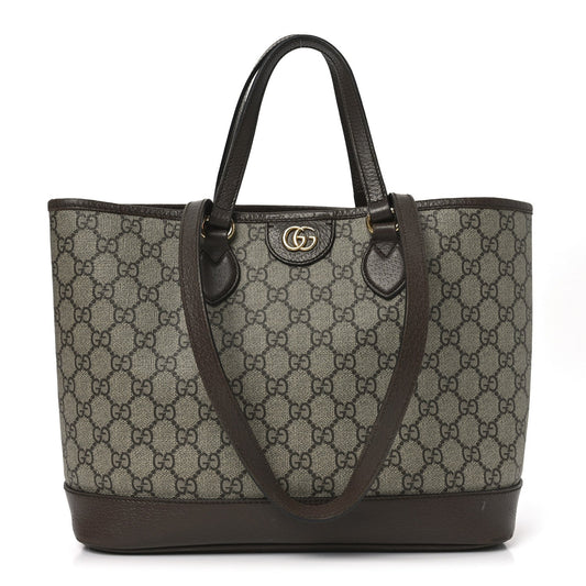 Gucci GG Supreme Monogram Textured Calfskin Small Ophidia Shoulder Tote Bag Beige Ebony New Acero