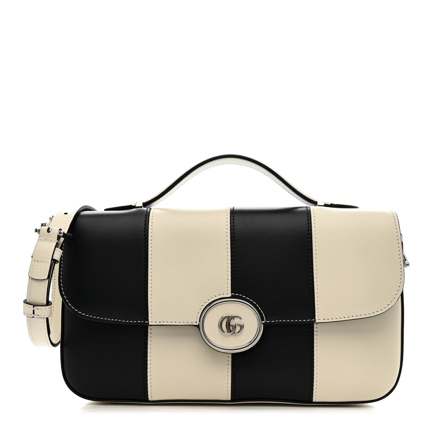 Gucci Senna Calfskin Lines Petite GG Top Handle Shoulder Bag Black Mystic White
