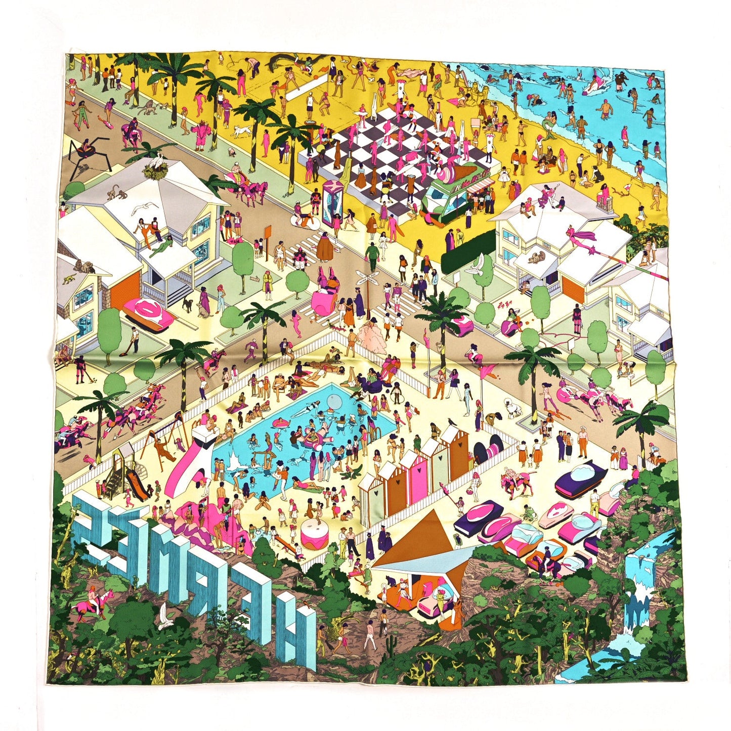Hermes Silk On The Beach Scarf 90 Jaune Soleil Vert Multicolor
