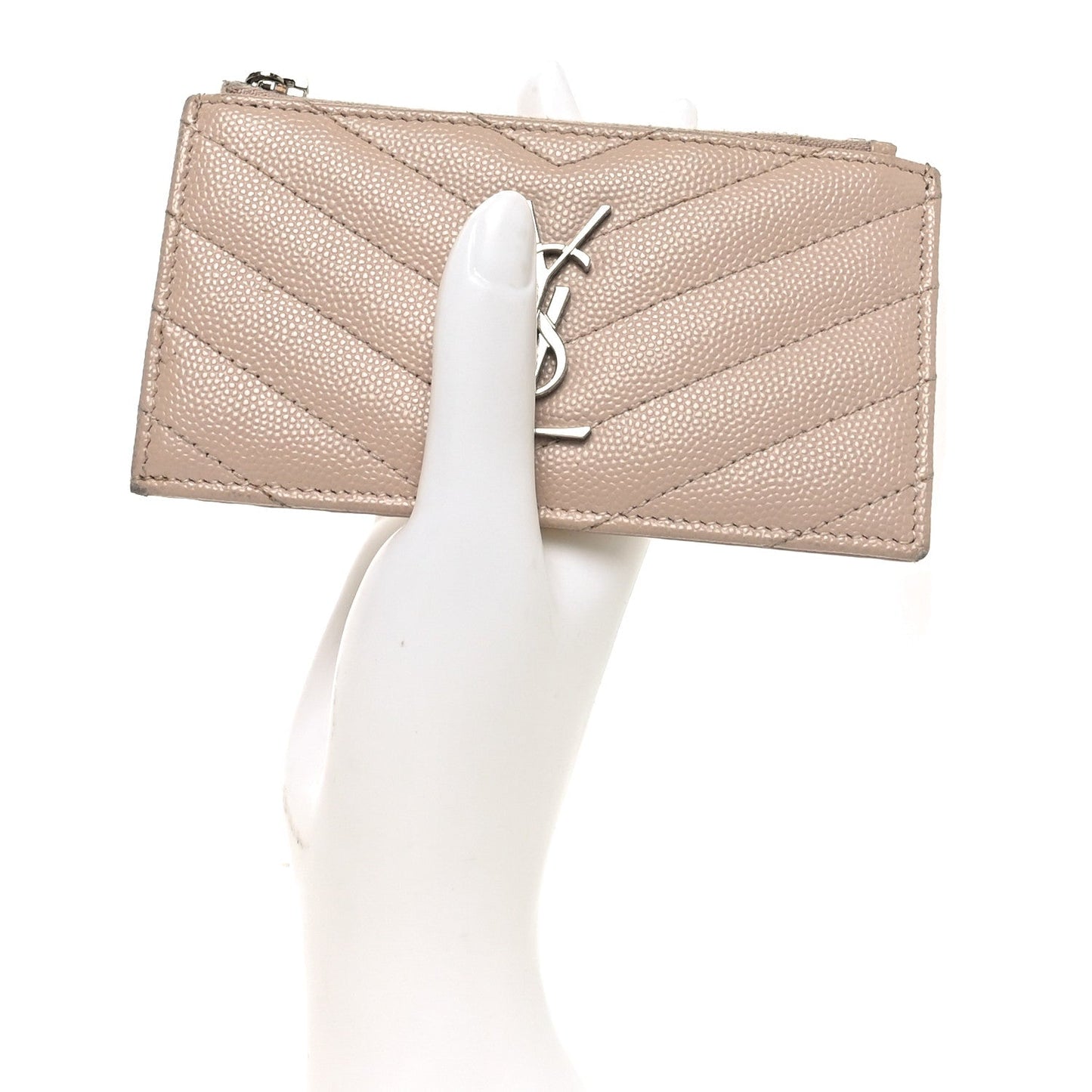 Saint Laurent Grain De Poudre Matelasse Chevron Monogram Fragments Zippered Card Case Marble Pink