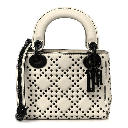 Christian Dior Ultra Matte Calfskin Studded Mini Supple Lady Dior White Black