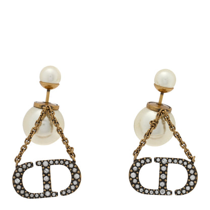 Christian Dior Pearl Crystal Tribal CD Drop Earrings Gold