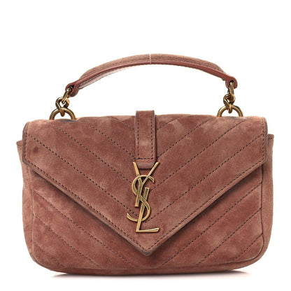 Saint Laurent Suede Matelasse Chevron Monogram Mini College Bag Barely Pink