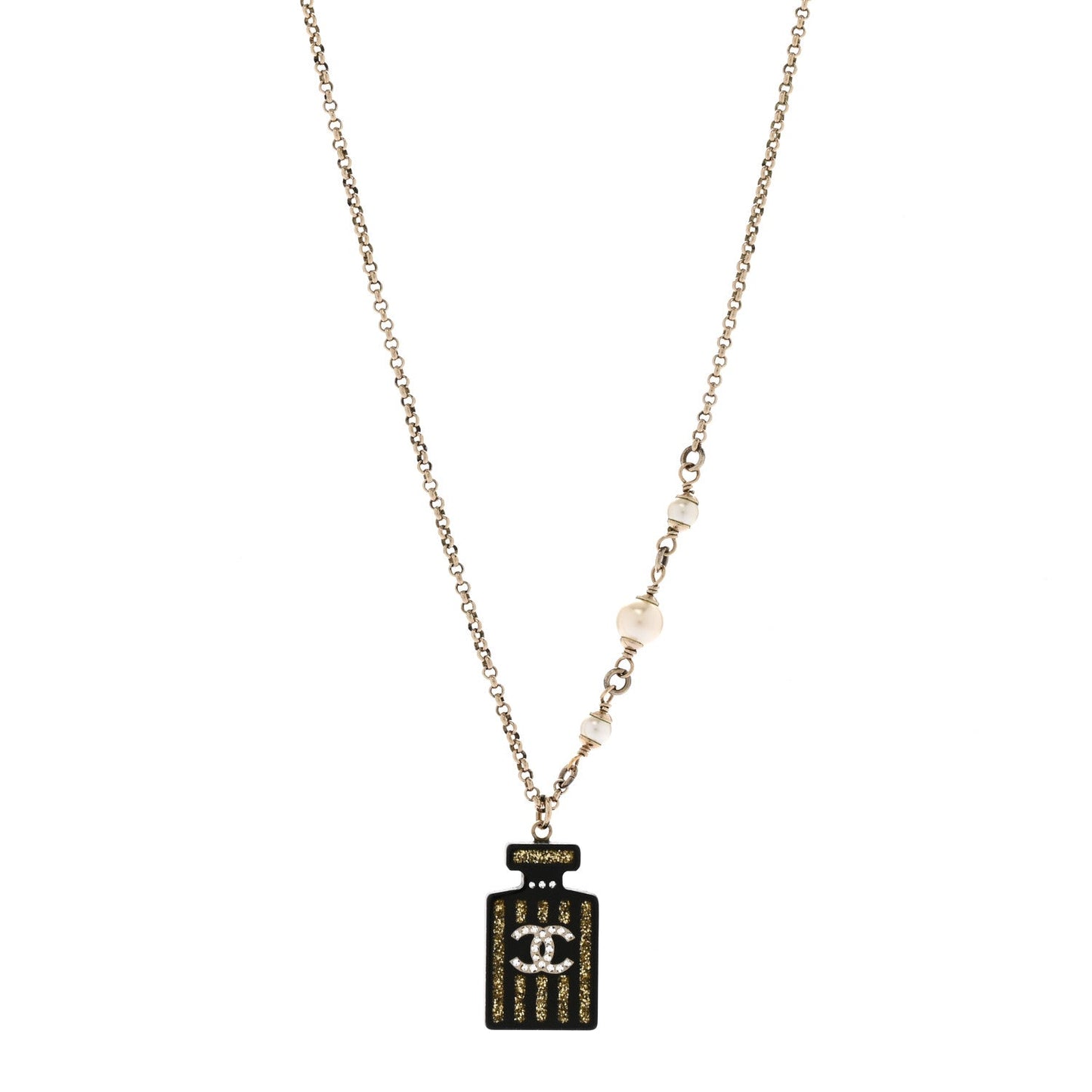 Chanel Resin Strass Pearl Perfume Bottle CC Necklace Black Gold