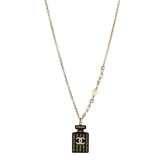 Chanel Resin Strass Pearl Perfume Bottle CC Necklace Black Gold