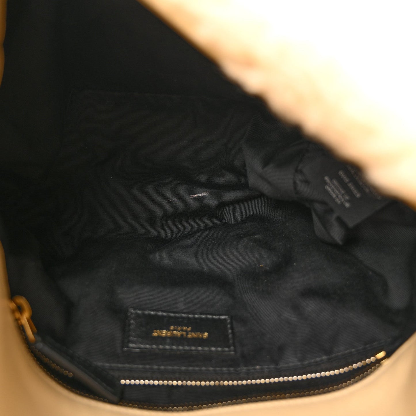 Saint Laurent Merino Shearling Lambskin Quilted Small Loulou Puffer Monogram Chain Satchel Natural Beige