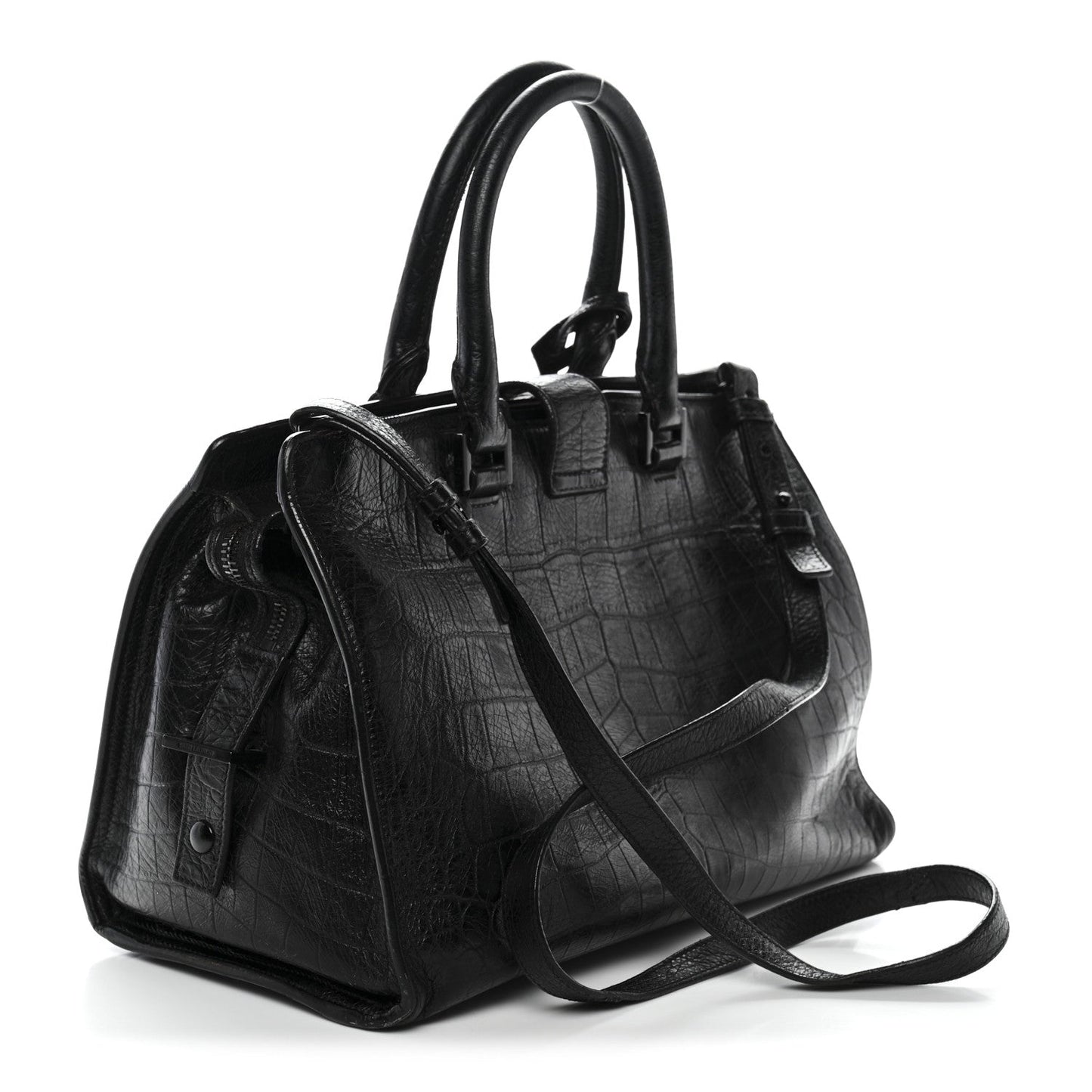 Saint Laurent Calfskin Crocodile Embossed Small Monogram Cabas Black