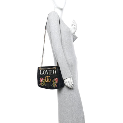 Gucci Velvet Matelasse Loved Embroidered Medium GG Marmont Shoulder Bag Black