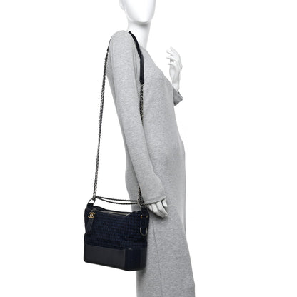 Chanel Tweed Calfskin Quilted Medium Gabrielle Hobo Black Blue