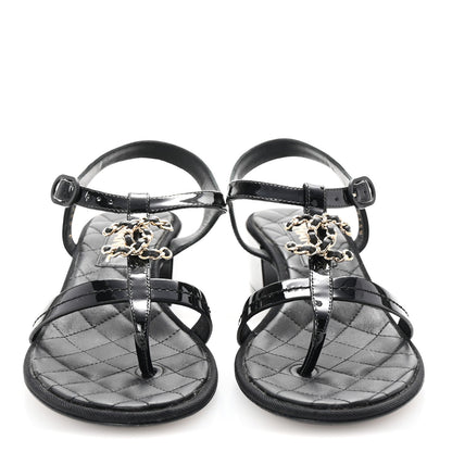 Chanel Patent CC Logo Thong Sandals 37 Black