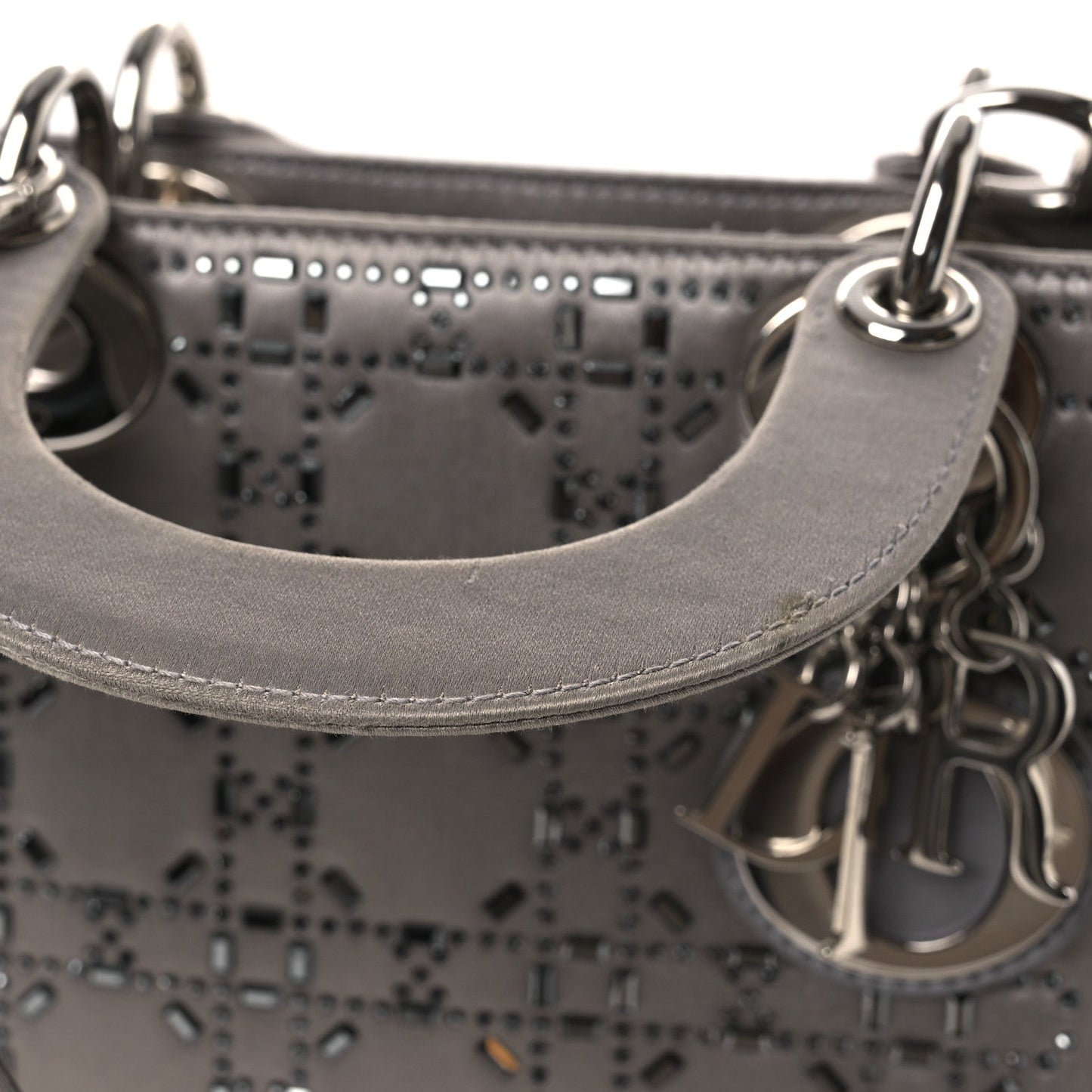 Christian Dior Satin Crystal Cannage Mini Lady Dior Gray