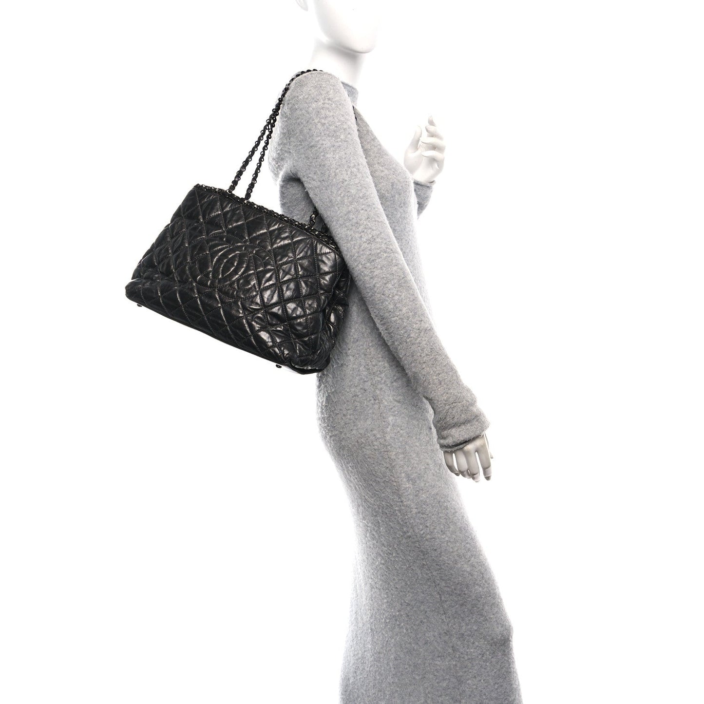 Chanel Metallic Aged Calfskin Quilted Small Chain Me Tote Dark Silver