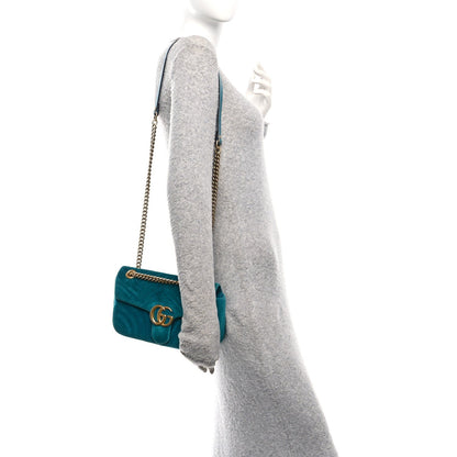 Gucci Velvet Matelasse Small GG Marmont Shoulder Bag Pavone Cyan