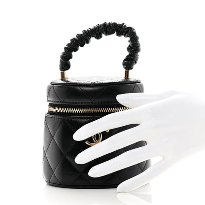 Chanel Lambskin Quilted Ruched Handle Vanity Case Black