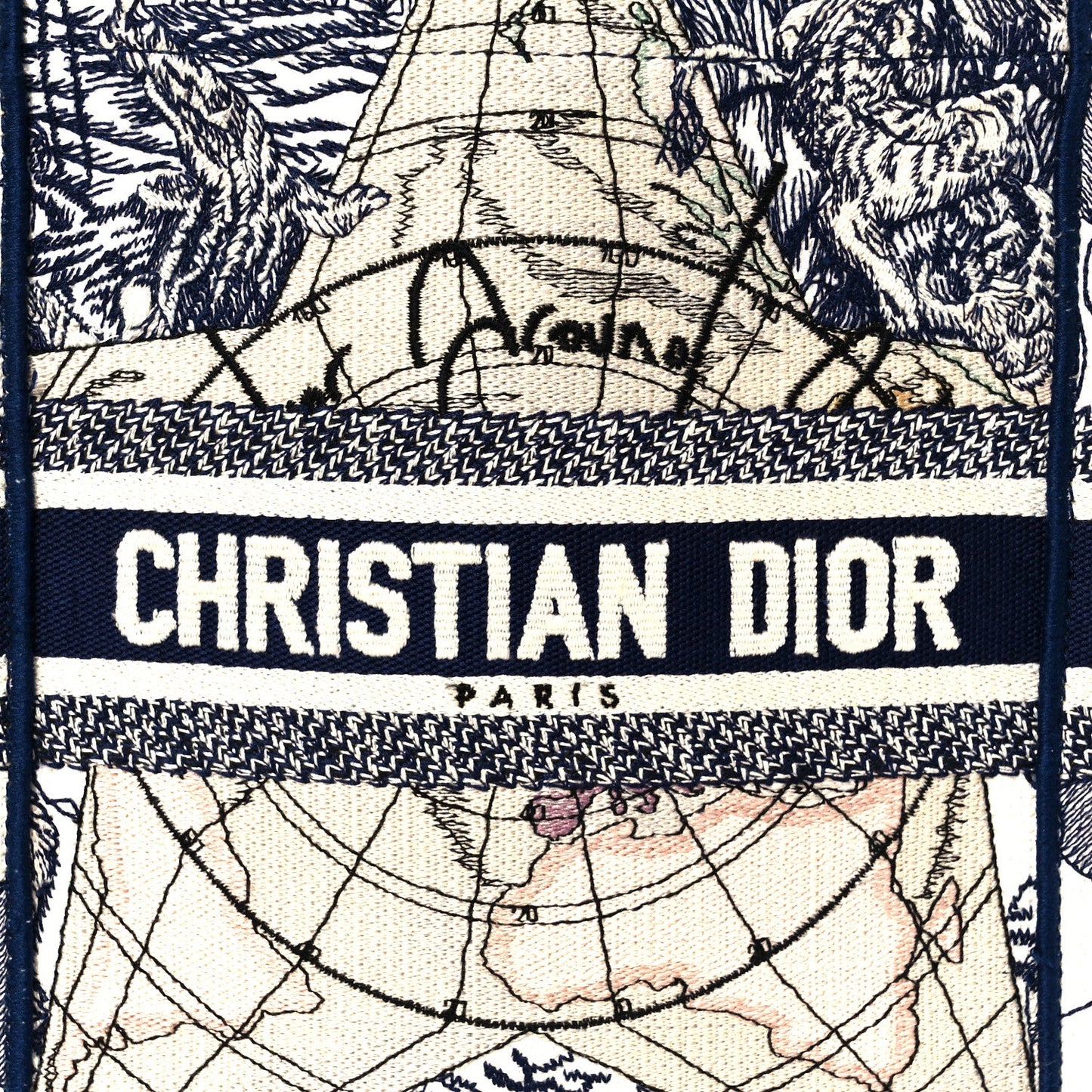 Christian Dior Canvas Embroidered Around The World Vertical Book Tote Blue