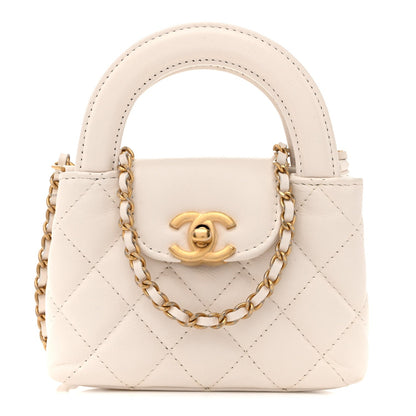 Chanel Shiny Aged Calfskin Quilted Mini Nano Kelly Shopper White