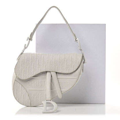 Christian Dior Calfskin Embossed Oblique Saddle Bag White