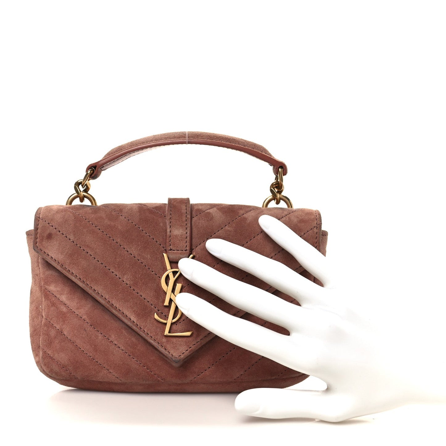 Saint Laurent Suede Matelasse Chevron Monogram Mini College Bag Barely Pink