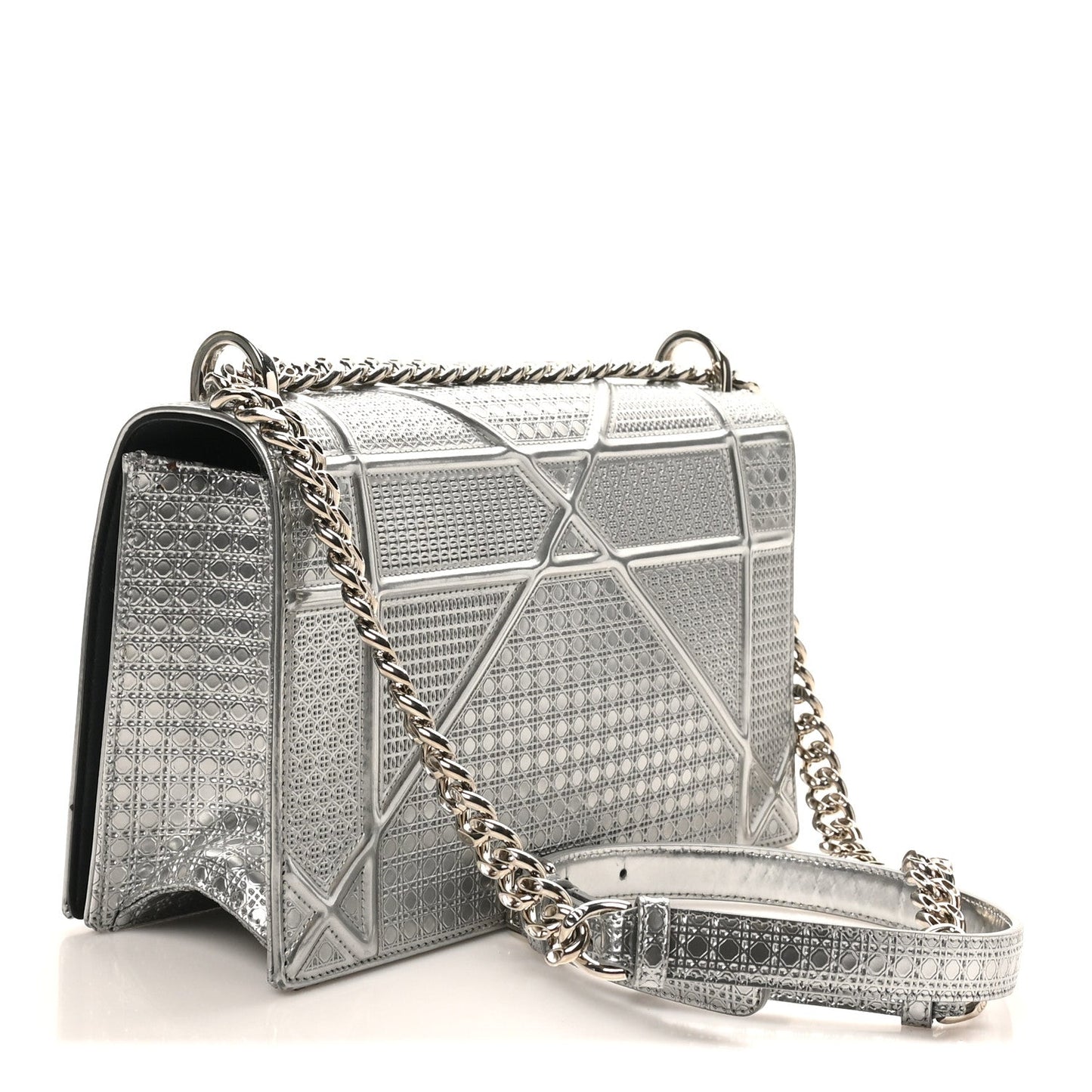 Christian Dior Metallic Patent Micro-Cannage Medium Diorama Flap Bag Silver