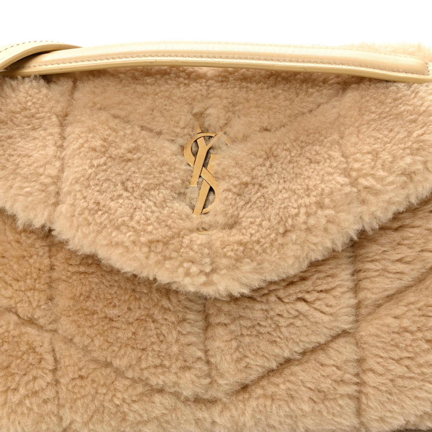 Saint Laurent Merino Shearling Lambskin Quilted Small Loulou Puffer Monogram Chain Satchel Natural Beige