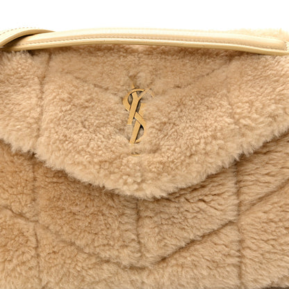 Saint Laurent Merino Shearling Lambskin Quilted Small Loulou Puffer Monogram Chain Satchel Natural Beige