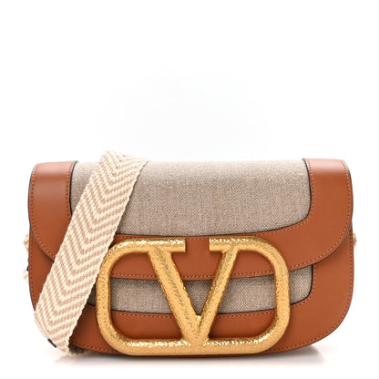Valentino Garavani Calfskin Linen Supervee Crossbody Bag Saddle Brown Natural