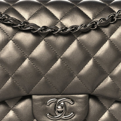 Chanel Metallic Lambskin Quilted Jumbo Double Flap Pewter