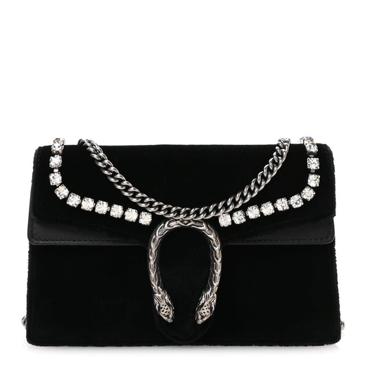 Gucci Velvet Crystal Super Mini Dionysus Shoulder Bag Black