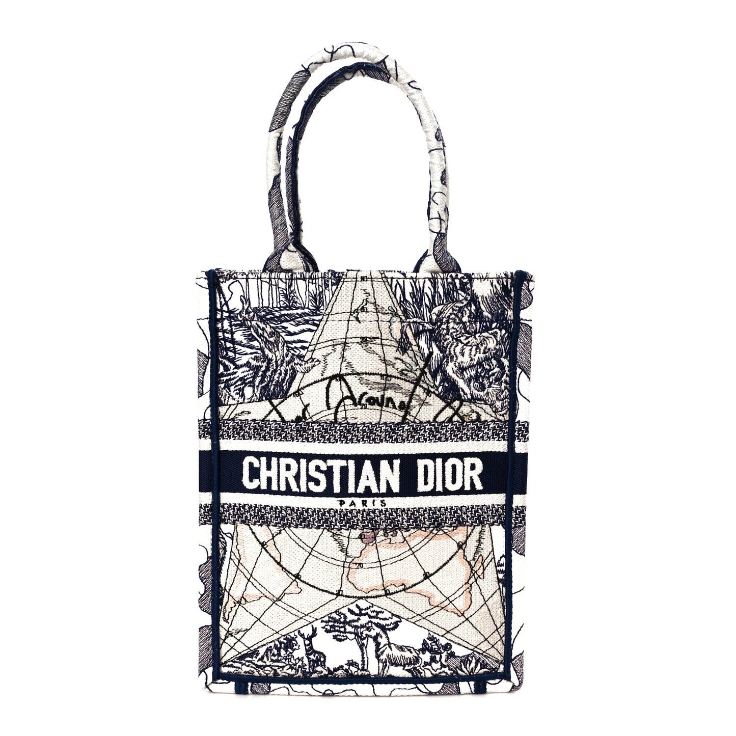 Christian Dior Canvas Embroidered Around The World Vertical Book Tote Blue