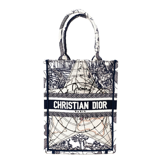 Christian Dior Canvas Embroidered Around The World Vertical Book Tote Blue
