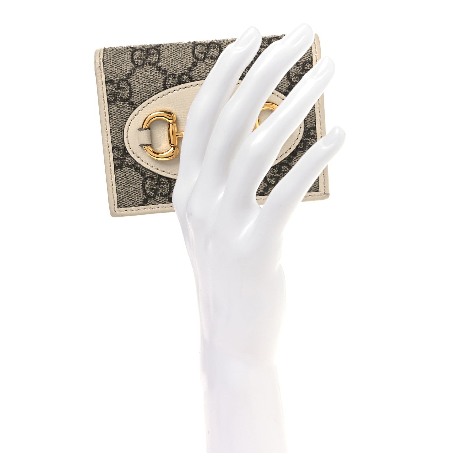 Gucci GG Supreme Monogram Azalea Calfskin Horsebit 1955 Card Case Wallet Beige Ebony Mystic White