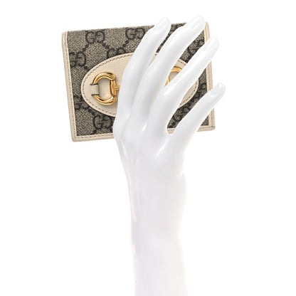 Gucci GG Supreme Monogram Azalea Calfskin Horsebit 1955 Card Case Wallet Beige Ebony Mystic White