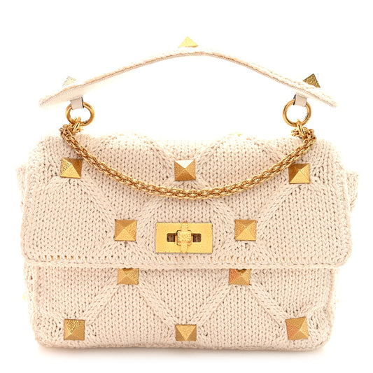 Valentino Garavani Knit Large Roman Stud Shoulder Bag Ecru