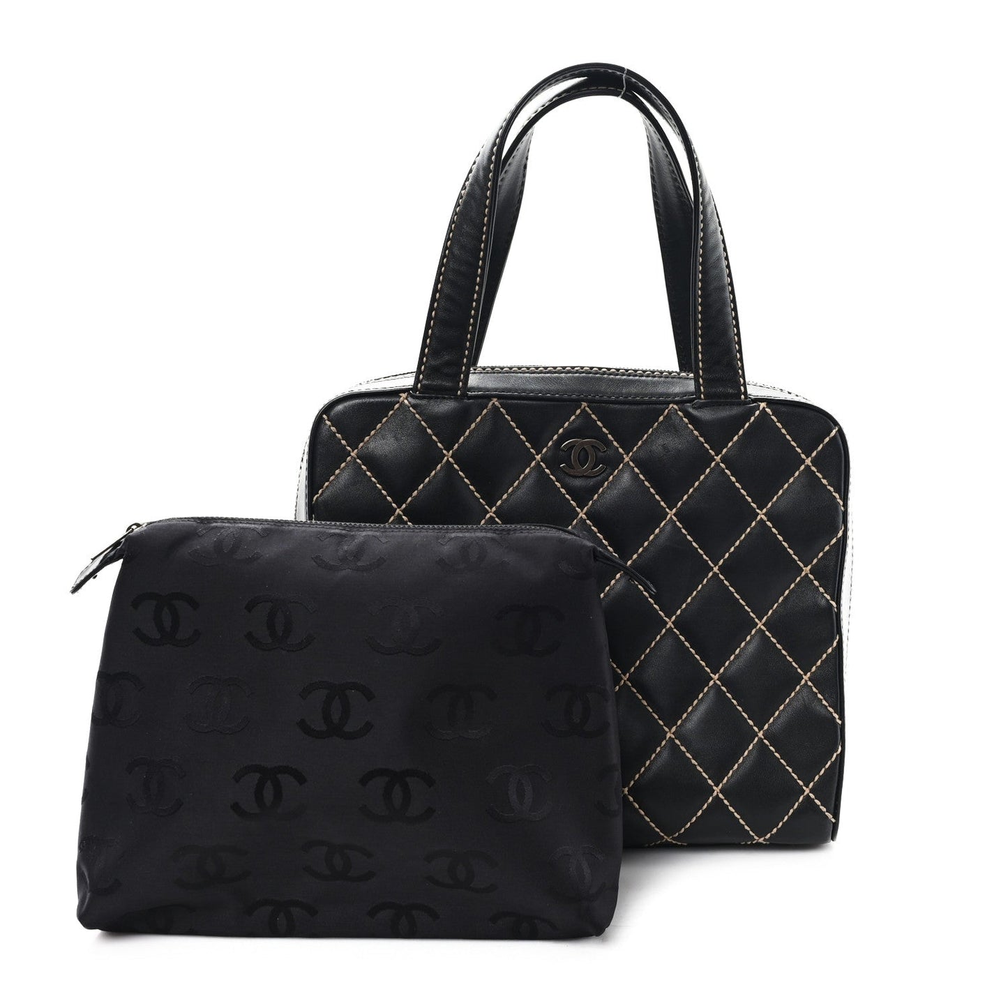 Chanel Calfskin Wild Stitch Vertical Top Handle Bag Black
