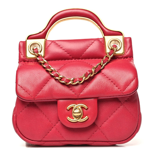 Chanel Calfskin Quilted Lady Handle Flap Card Holder With Chain Dark Pink