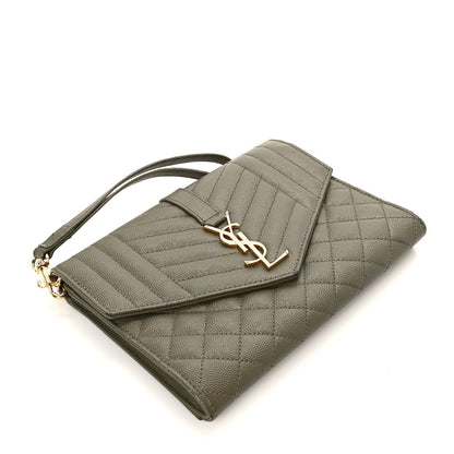 Saint Laurent Grain De Poudre Textured Mixed Matelasse Triquilt Monogram Clutch Vert Kaki